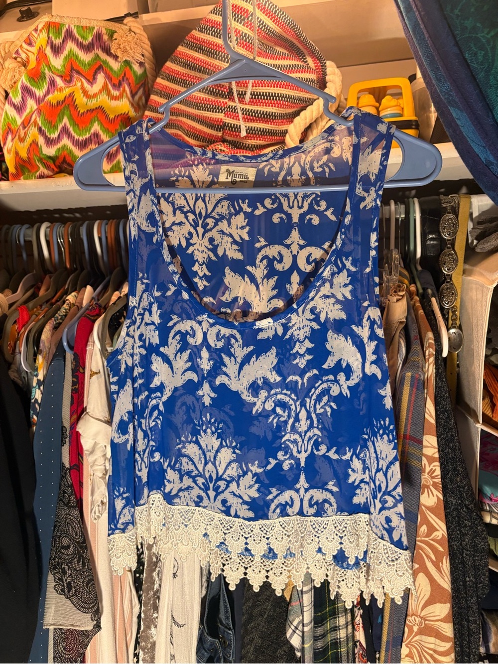 Show Me Your MuMu Blue and White Lace-Trim Sheer Crop Tank